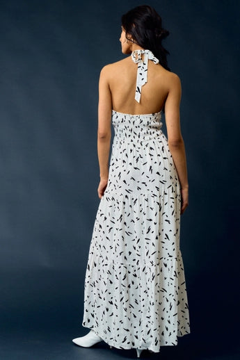 Boho Blk & White Halter Maxi Dress