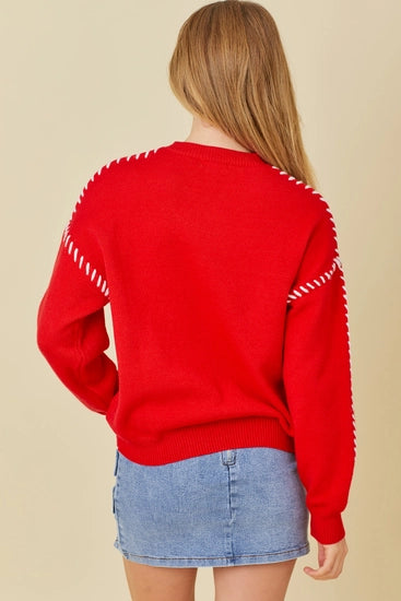 Red Knit Sweater with Ribbon Stitching