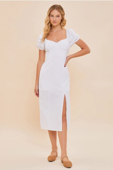 Puff Sleeve White Midi Dress
