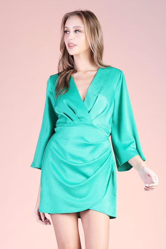 Green Satin Crepe Bell Sleeve Mini Dress