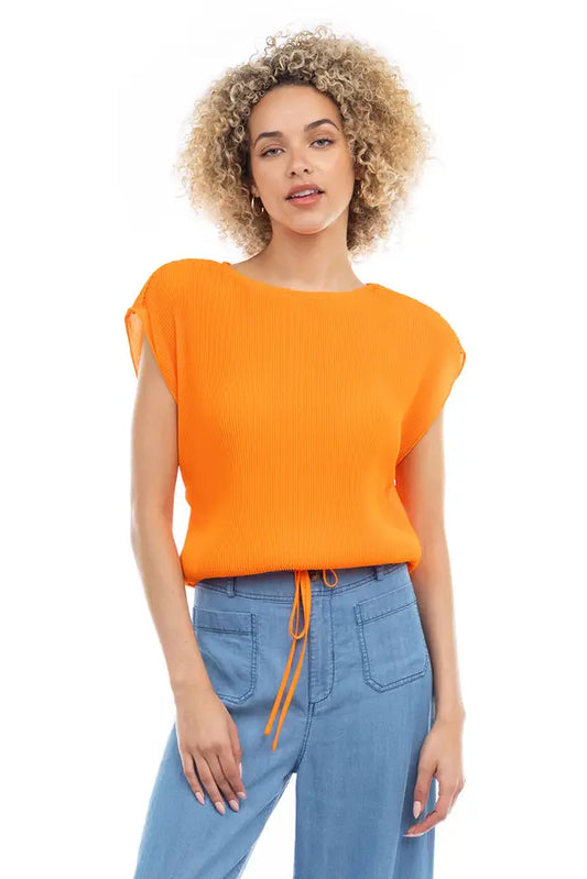 Plisse Neon Orange Blouse with Elastic Waist