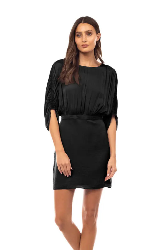 Satin Shirred Black Mini Dress