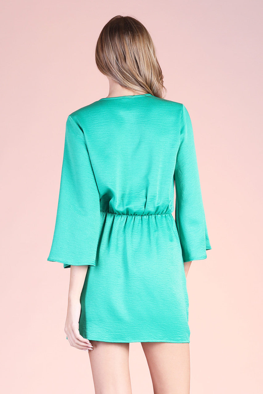 Green Satin Crepe Bell Sleeve Mini Dress