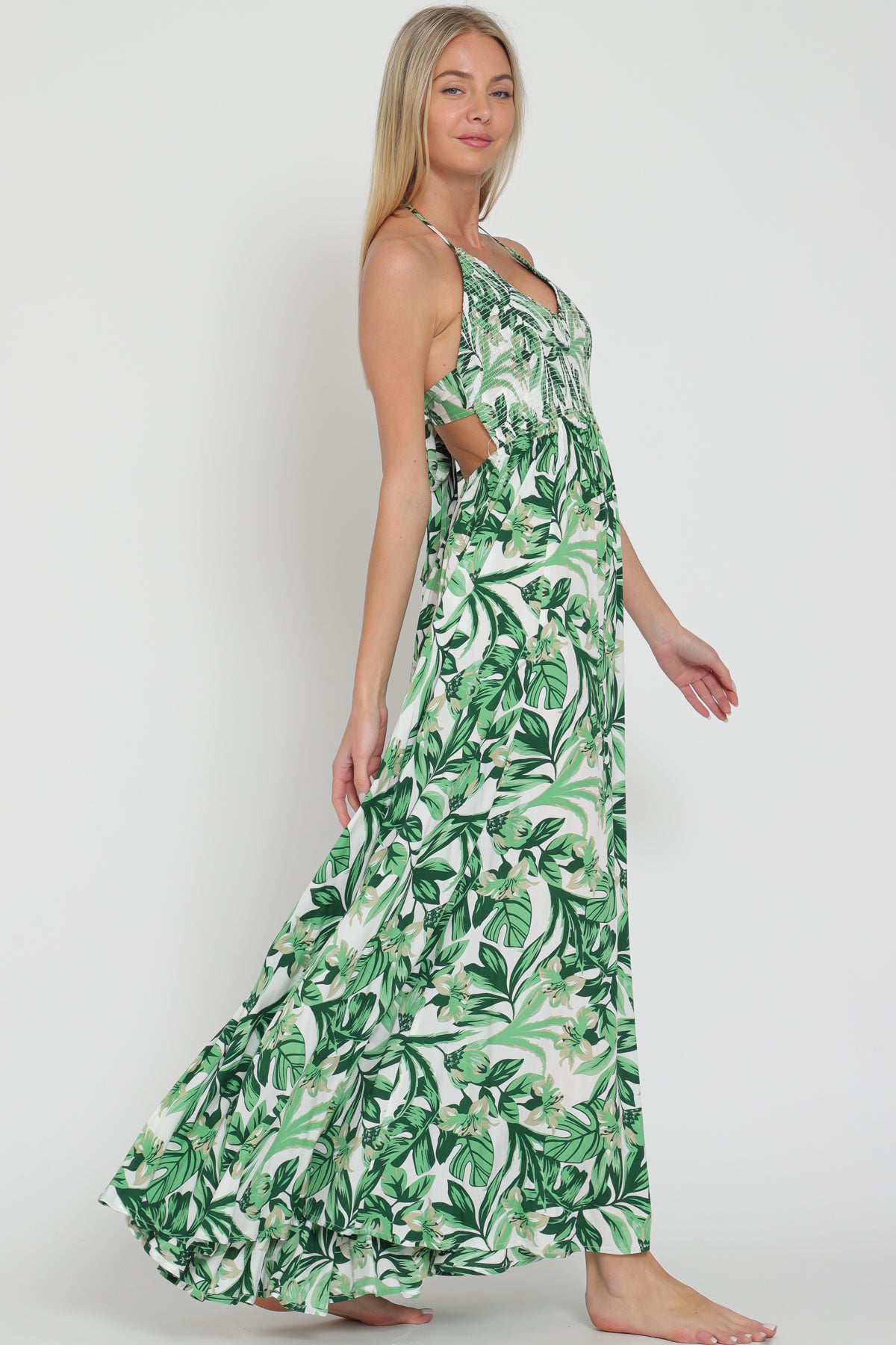 Multi Color Halter Smocked Tie Maxi Dress