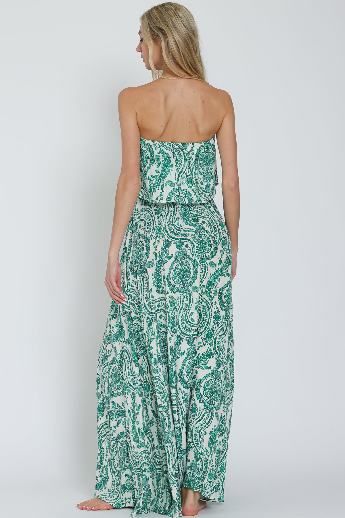 White-Green Tube Elastic Maxi Dress