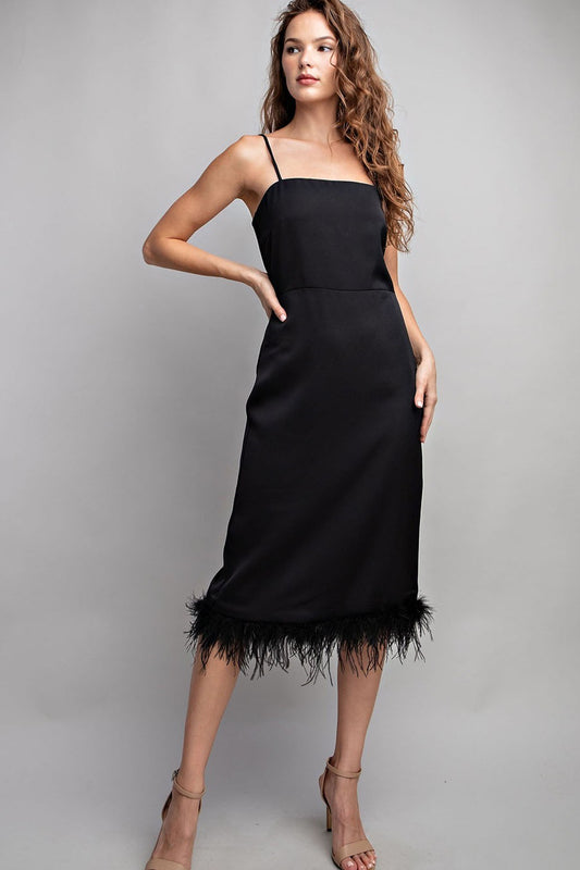 Black Feather Trim Midi Dress