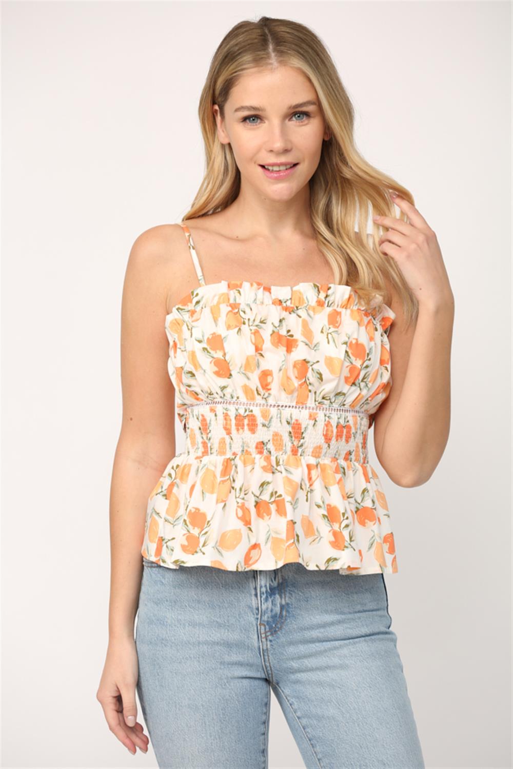 Lace Insert Smocked Waist Tie Back Top