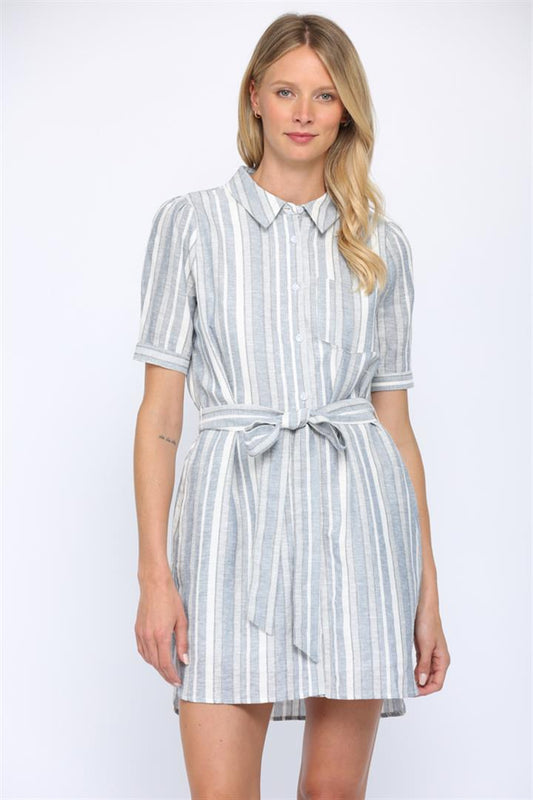 Blue Multi Linen Blend Stripe Shirt Dress