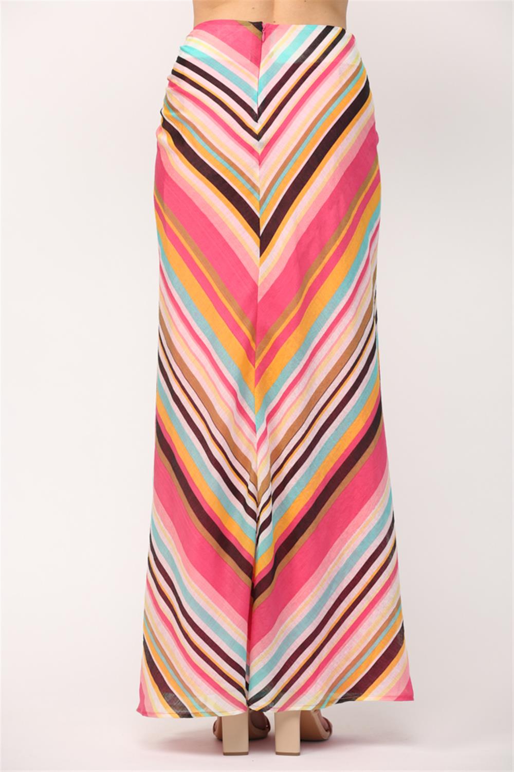 Pink Multi Stripe Tie Waist Long Maxi Skirt