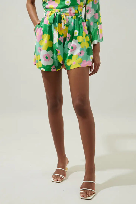 Green Yellow Floral High Waisted Shorts