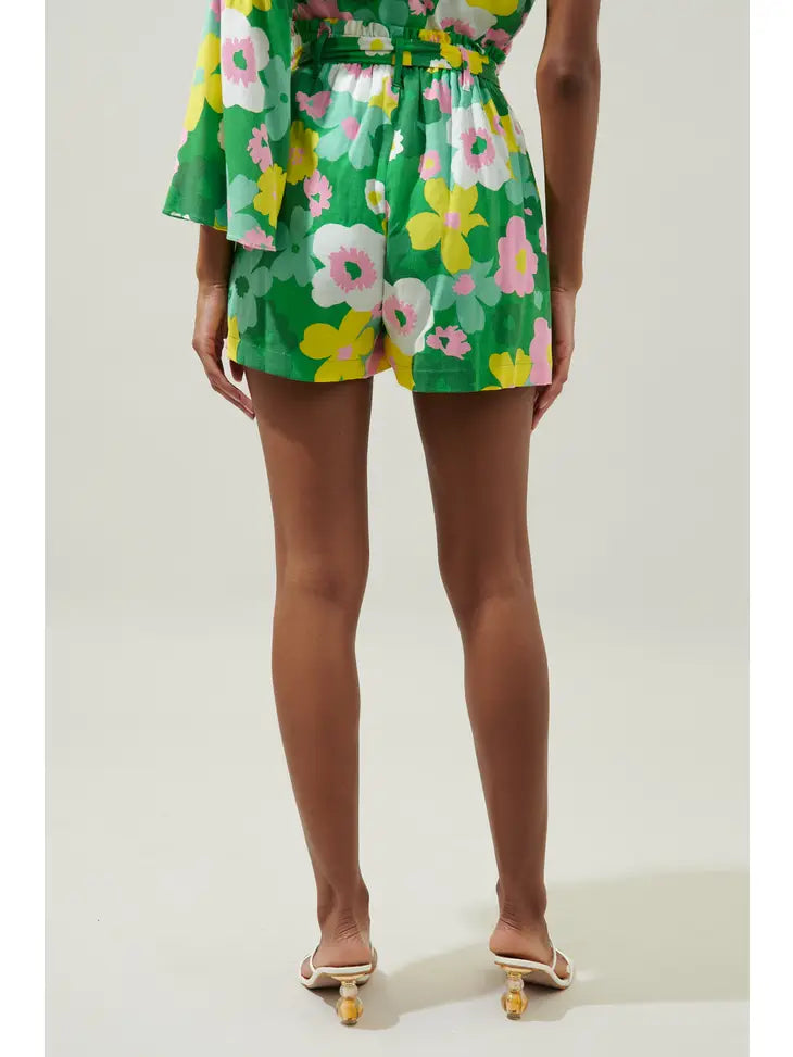 Green Yellow Floral High Waisted Shorts