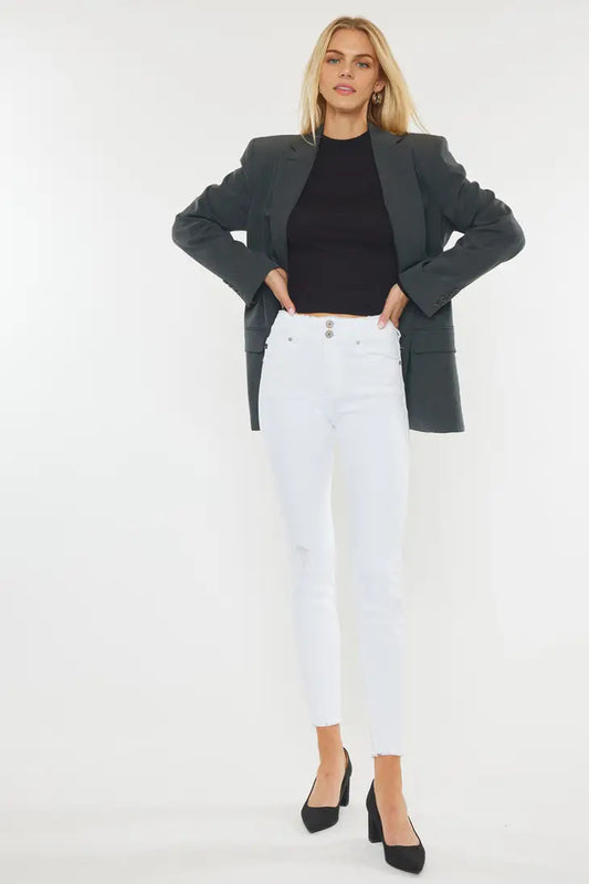 High Rise White Ankle Skinny