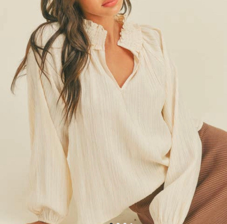 Long Sleeve Beige High Collar Top