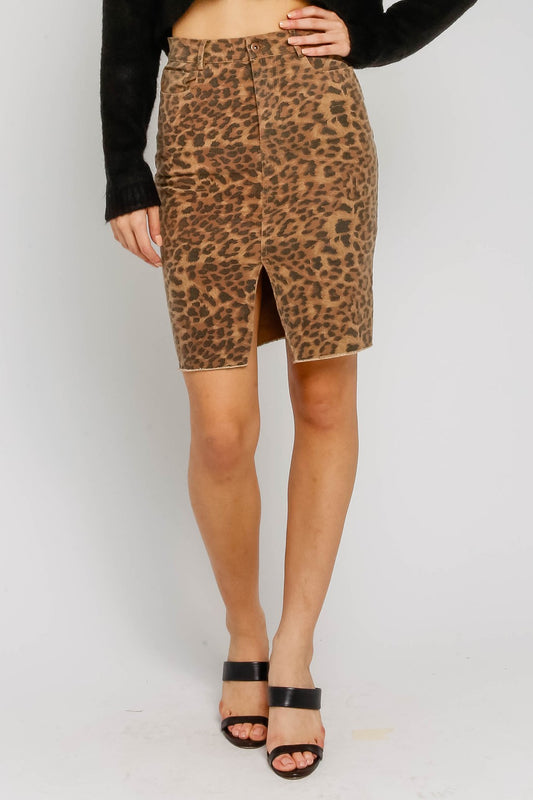 Brown Cheetah Skirt with Front Slit