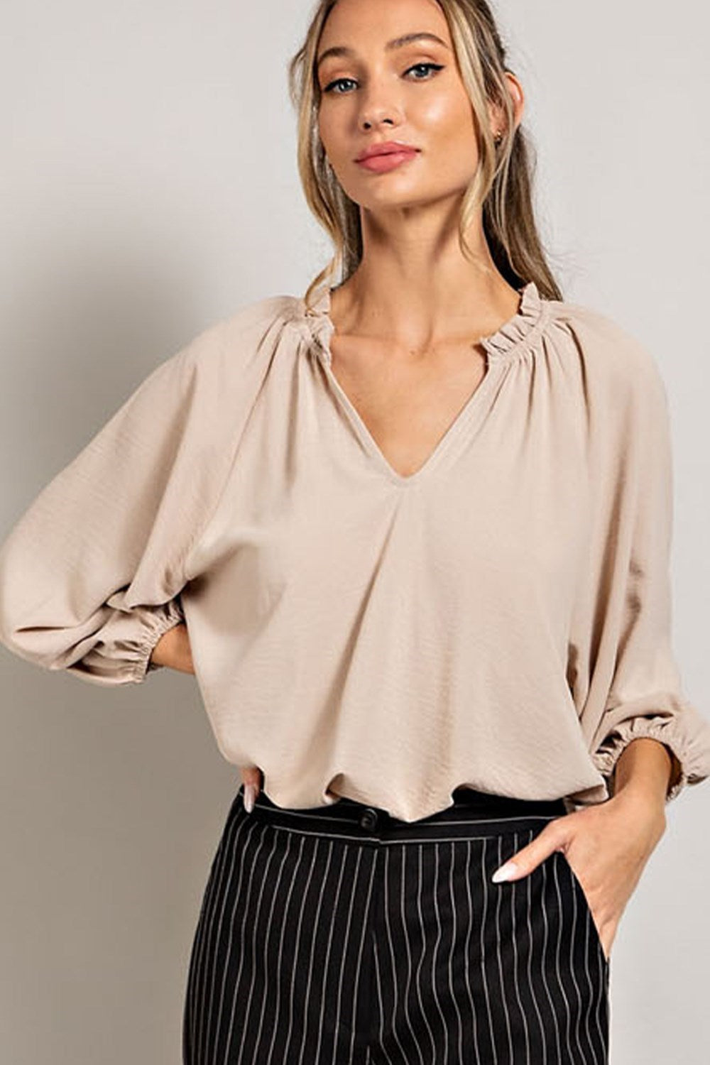Taupe Ruffle Puff Sleeve Blouse