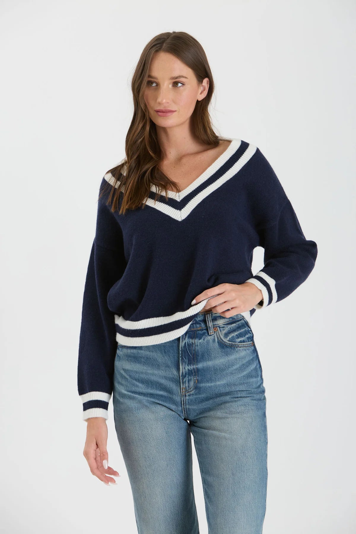 Navy V Neck Knit Sweater