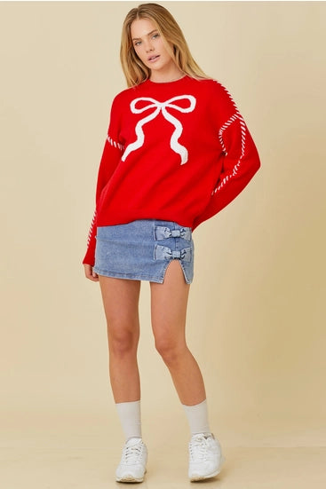 Red Knit Sweater with Ribbon Stitching