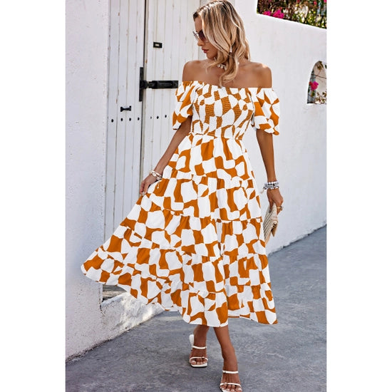 Allover Brown Print Ruched Midi Dress