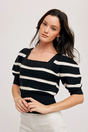 BLK and White Puff Sleeve Sweater