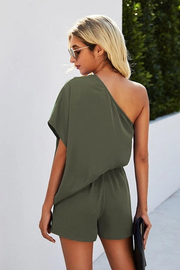 One Side Off Shoulder Olive Romper