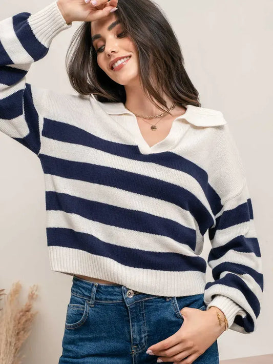 Blue Stripe V Neck Sweater