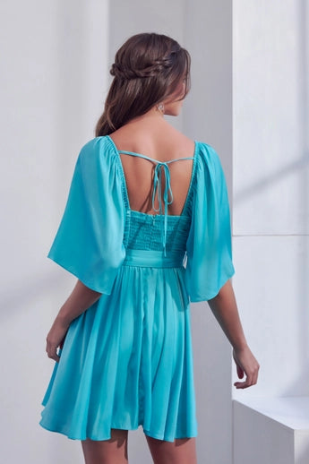 Aqua Shirred Belt Waist Mini Dress