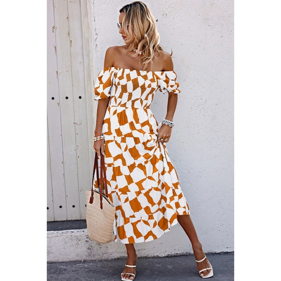 Allover Brown Print Ruched Midi Dress