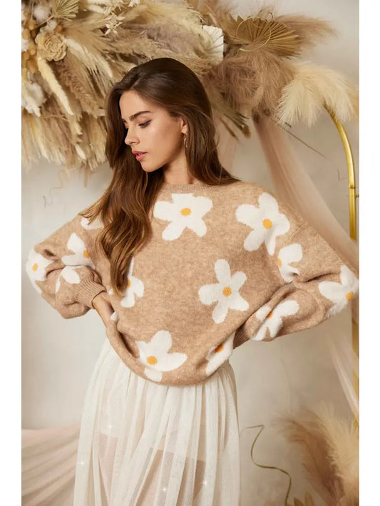 Beige Ivory Flower Print Sweater