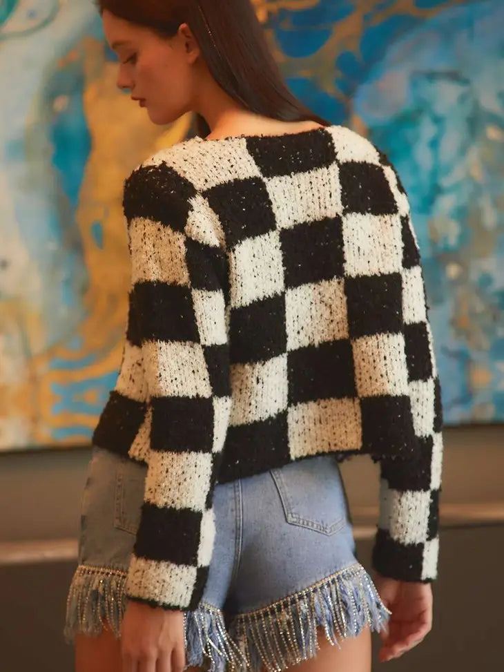 Checker Crop Cardigan Sweater
