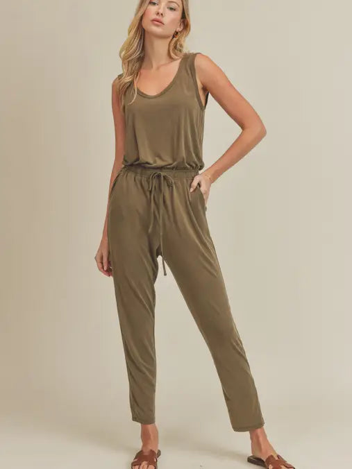Green Jumpsuit with Drawstring Waist Tie and Pockets