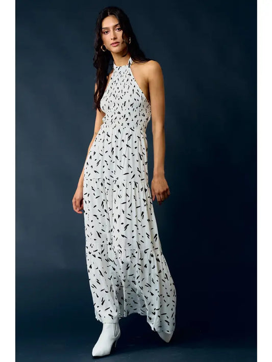 Boho Blk & White Halter Maxi Dress