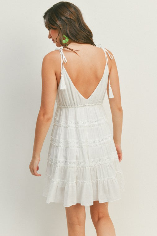 White Tiered Crochet Trim Mini Dress