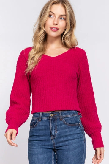 Puff Sleeve V Neck Magenta Sweater