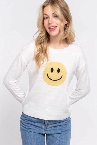 Crew Neck Smile Face Ivory Sweater