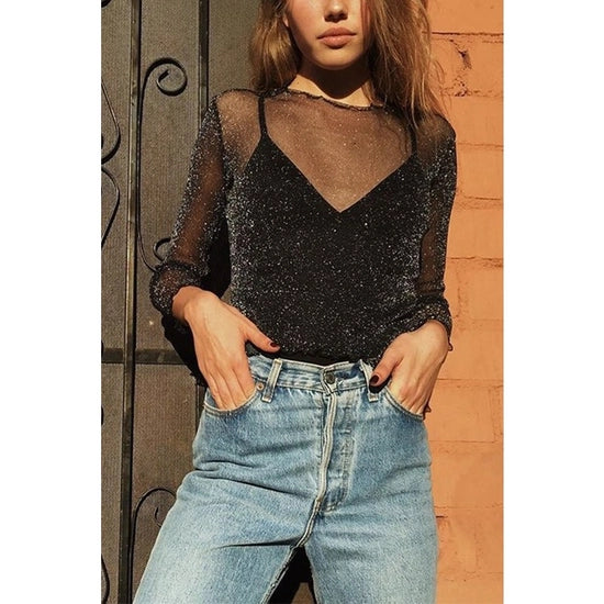 Black Mesh Shiny Long Sleeve Top