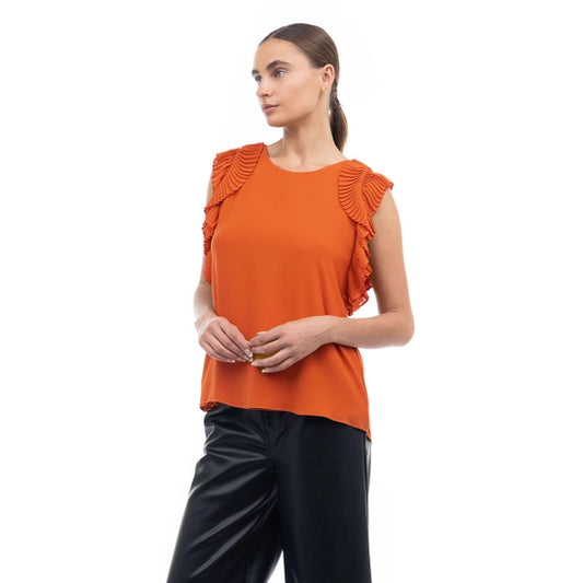 Pumpkin Pleated Flutter Sleeve Blouse