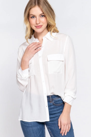 Long Sleeve White Front Pocket Shirt