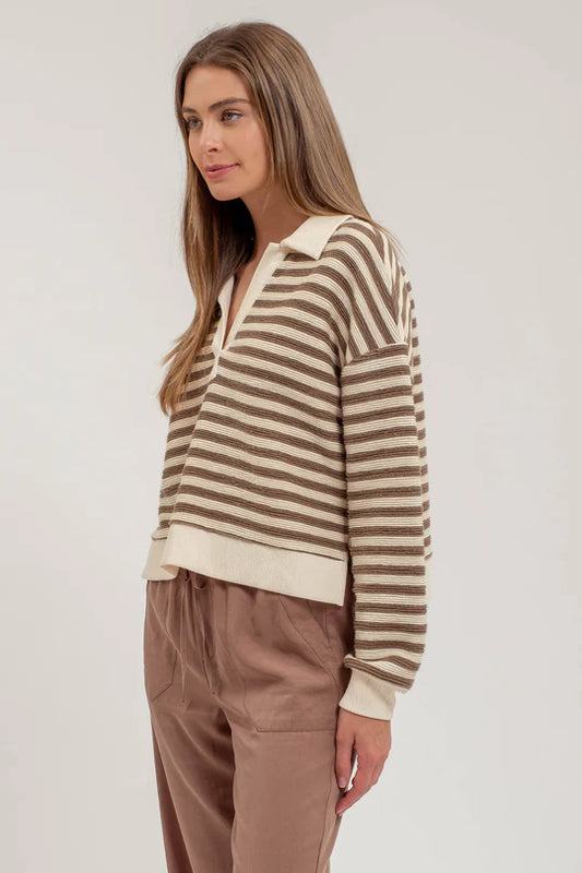 Stripped Collard Polo Knit Top