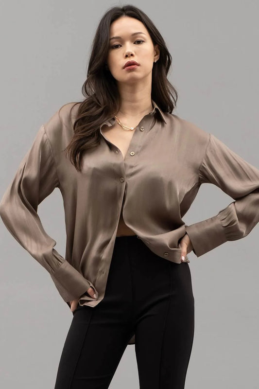 Satin Khaki Button Up Top