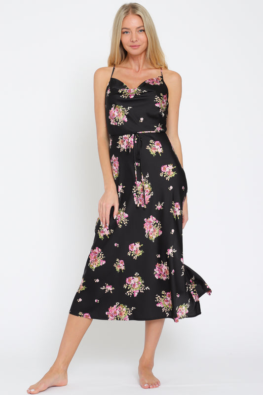 Cowl Neck Multi Black Slip Midi Dress