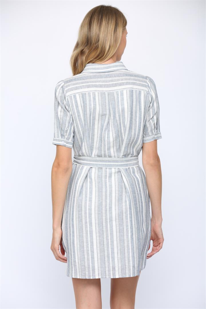 Blue Multi Linen Blend Stripe Shirt Dress