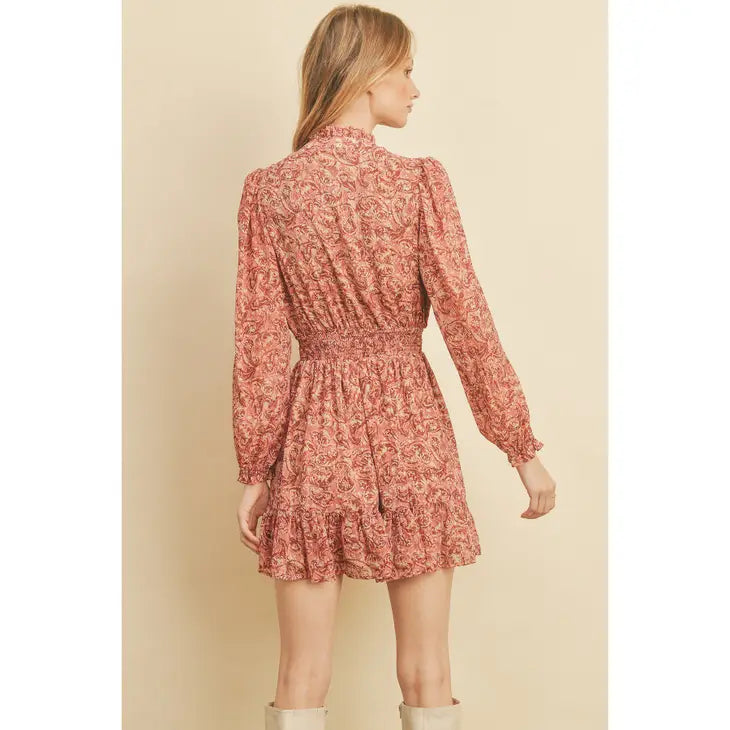 Mini Long Sleeve Woven Paisley Dress