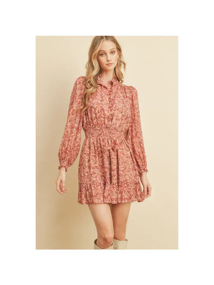 Mini Long Sleeve Woven Paisley Dress