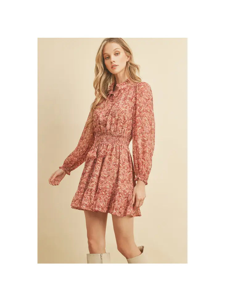 Mini Long Sleeve Woven Paisley Dress