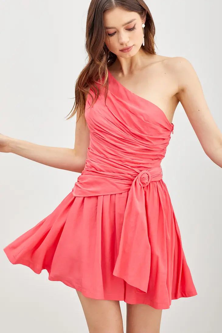 One Shoulder Pink Punch Mini Dress