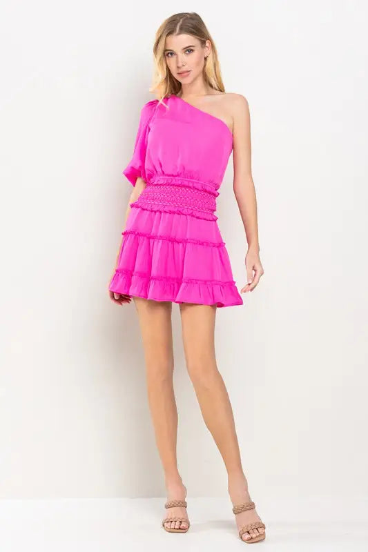 One Shoulder Layered Mini Pink Dress