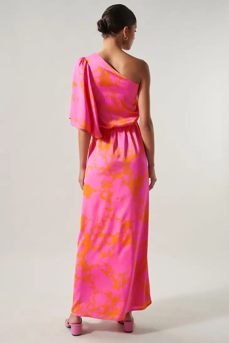 Pink Orange One Shoulder Maxi Dress