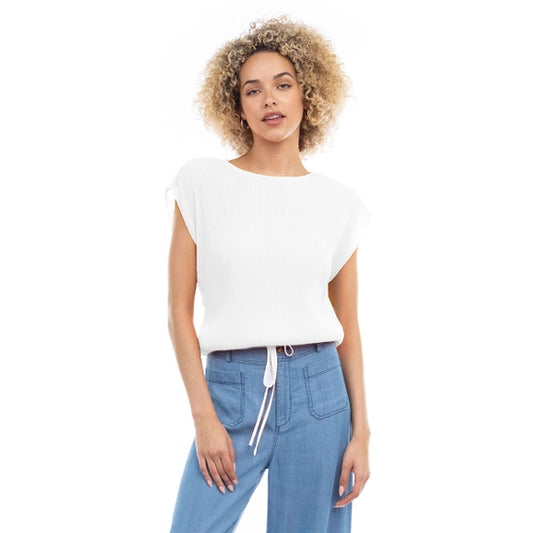 White Plisse Blouse with Elastic Waist