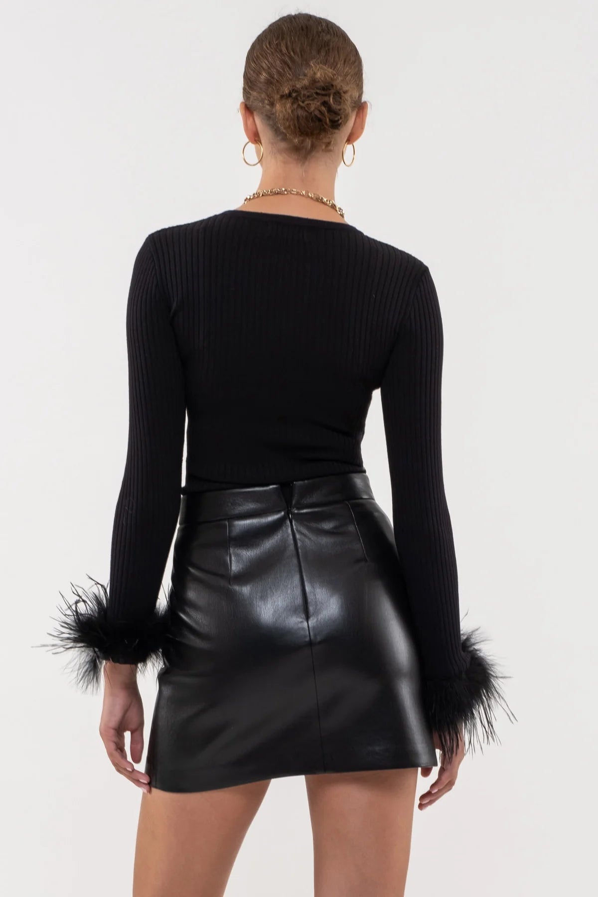 BLK Knit Sweater with Feather Trim