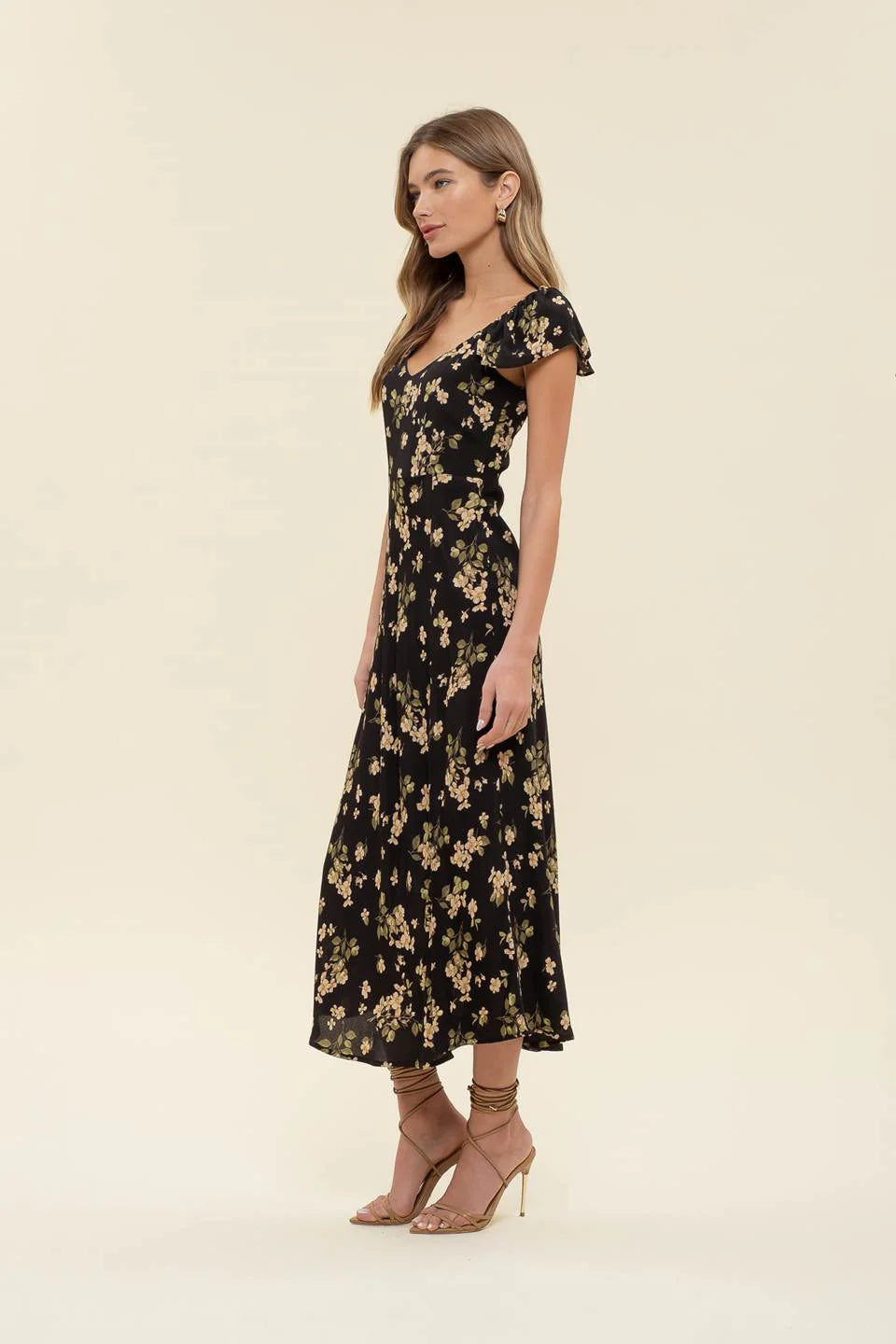 Floral V Neck Ruffle Midi Dress